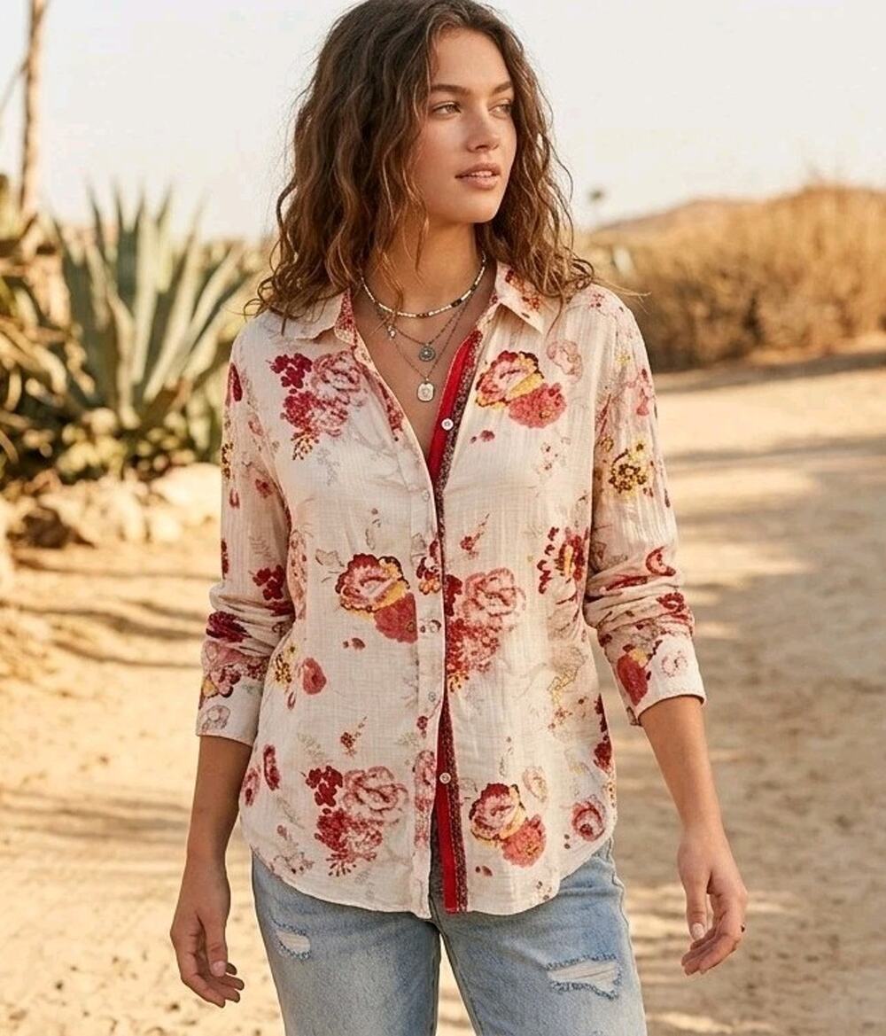 Cino Santiago Cotton White Pink Floral Top Medium